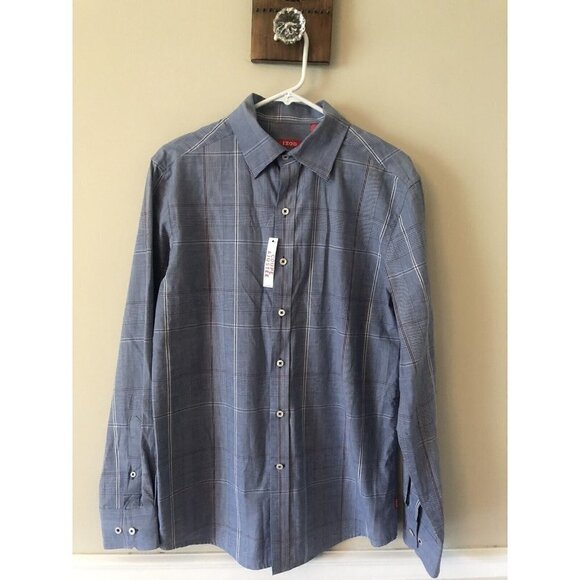 NWT Izod Mens Size Large Blue Plaid Slim Fit Long Sleeve Shirt Button Front - Picture 1 of 5